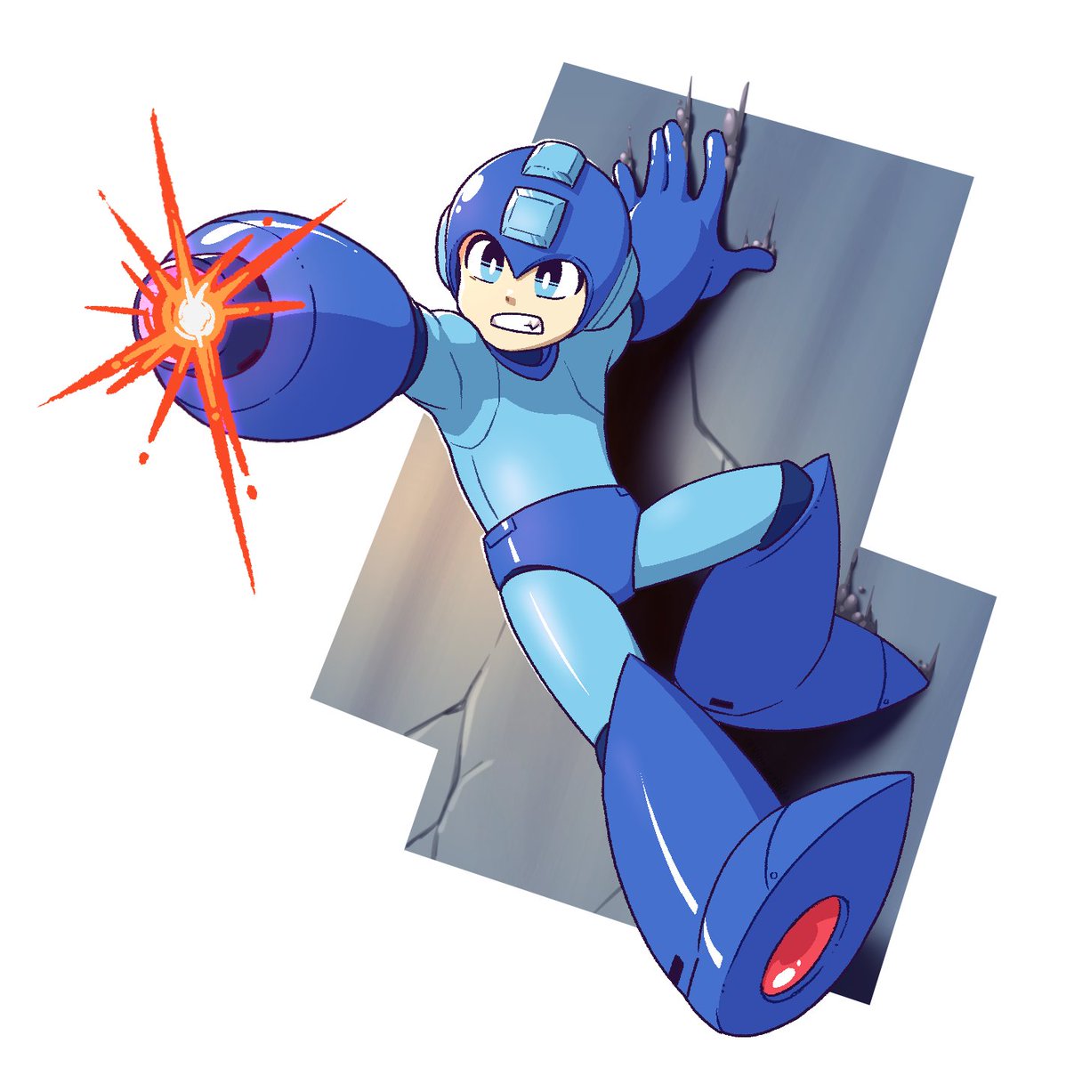 mega man (character) 1boy male focus arm cannon solo weapon blue eyes teeth  illustration images