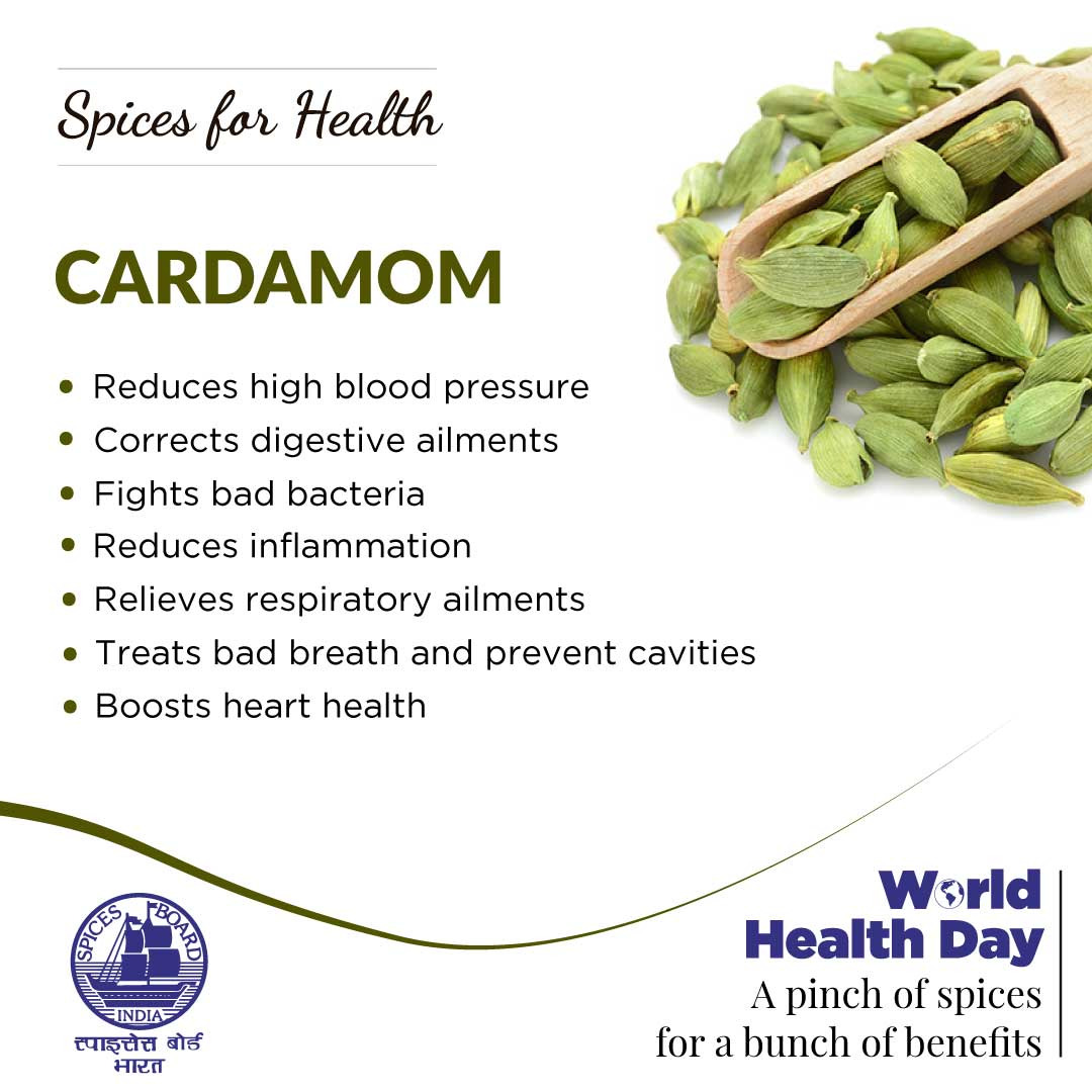 Spices_Board's tweet photo. Add Cardamom to your diet and be healthy. Celebrate health day, every day.

@DoC_GoI

#spicesboard #worldhealthday #healthday #spicesboardindia #spicesboardofindia #spices #spicesforhealth https://t.co/yfcc2fkOtD