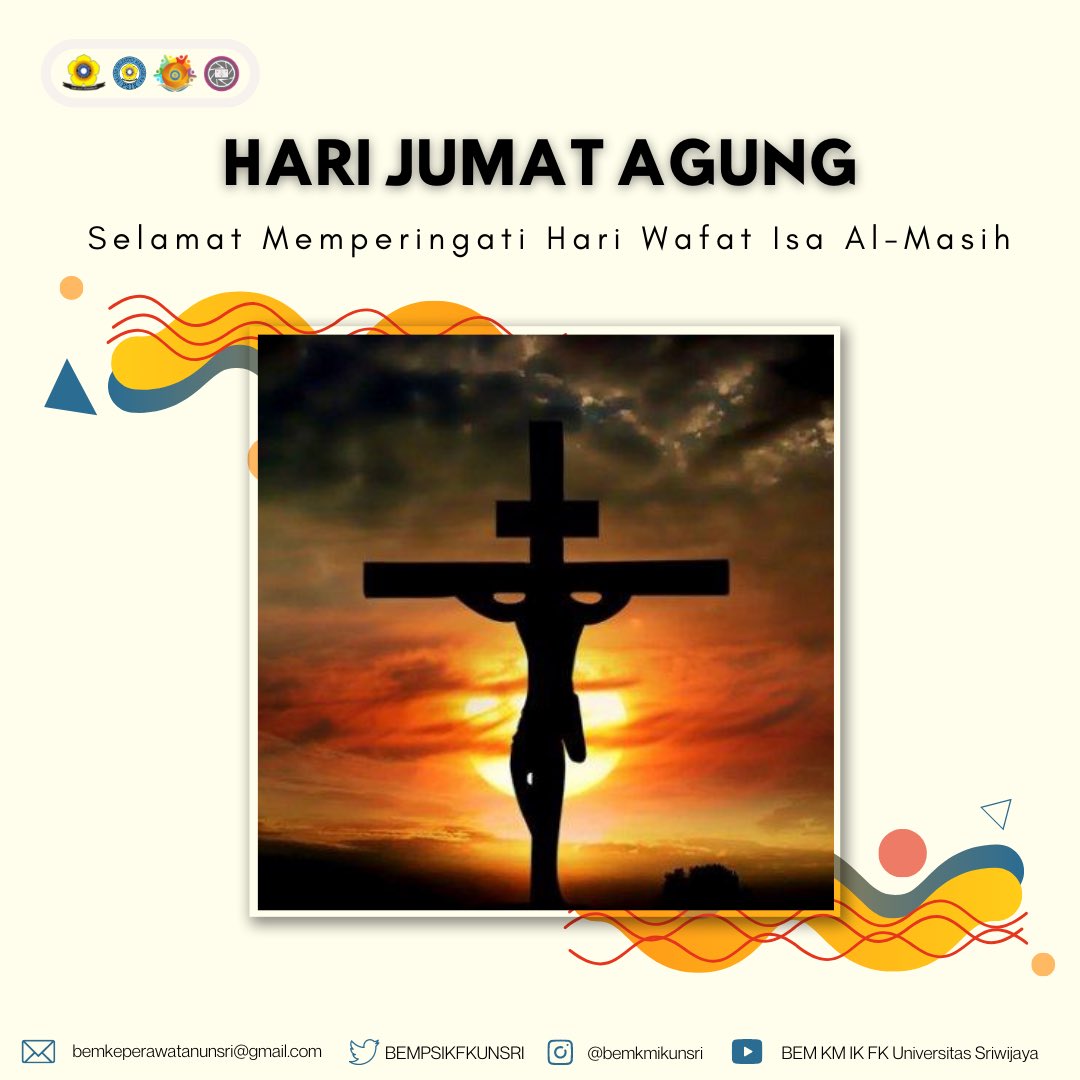 [HARI JUMAT AGUNG] 
Hari Jumat Agung adalah sebuah perayaan untuk memperingati pengorbanan dan penderitaan Yesus sebelum akhirnya dieksekusi di Yerusalem.
__
Dinas Informasi dan Komunikasi
BEM KM IK FK Unsri 2022
#InfokomVarsena
#KabinetVarsena
#SatuMimpiSatuTujuan