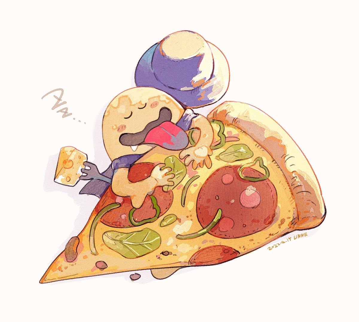 「フォンデュのお気に入りピザ布団🍕🧀💤 」|LINNE₍Ꙭ̂₎のイラスト