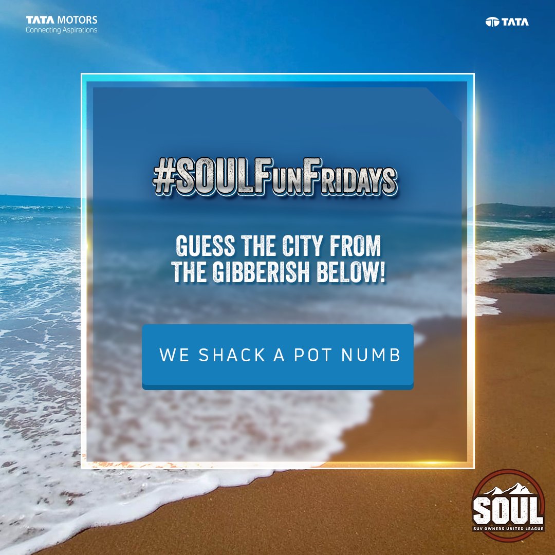 TataMotors_Cars's tweet image. It’s time for #SOULFunFridays!
Can you crack this week’s challenge by guessing this Indian city’s name from the jumbled words?
Share your answer in the comments below.

#DriveWithSOUL #ConnectWithSOUL #TataHarrier #AboveAll #Harrier #TataSafari #ReclaimYourLife #Safari #FridayFun