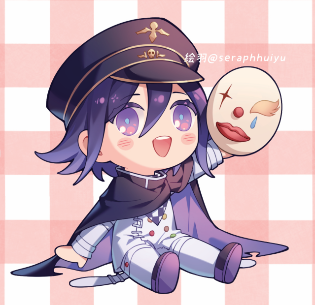 ouma kokichi holding mask 1boy mask male focus checkered clothes checkered background checkered scarf  illustration images