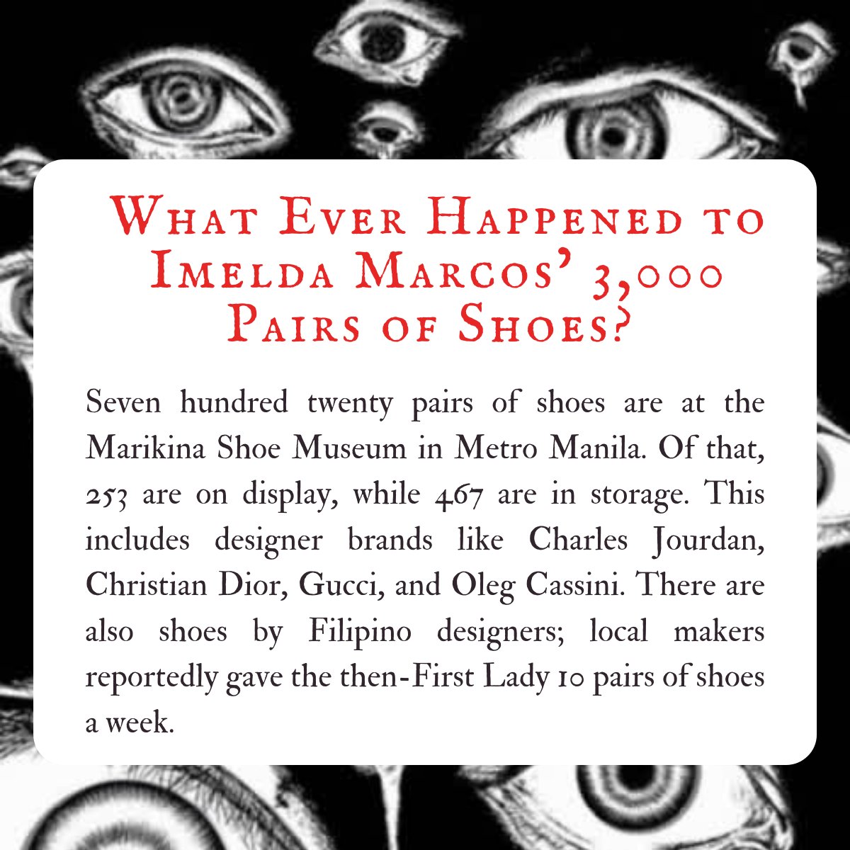 CPARGermain's tweet photo. I imagine the pumps, peep-toes, and sling-backs that once strutted the pavements of cosmopolitan cities and rubbed heels with dignitaries, back when they fit neatly into the soles of Imelda, and can’t help but wonder, where are they now? 
#8bitgames #neverforget #neveragain https://t.co/ojpy6J0aeU