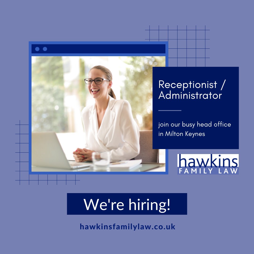 Would you like to work at a boutique, top tier family law firm? We're looking for a full-time Office Receptionist / Administrator to join our busy head office in Milton Keynes.

hawkinsfamilylaw.co.uk/our-team/join-…

#hiring #lawfirm #job #vacancy #recruiting #jobsmk #jobsmiltonkeynes