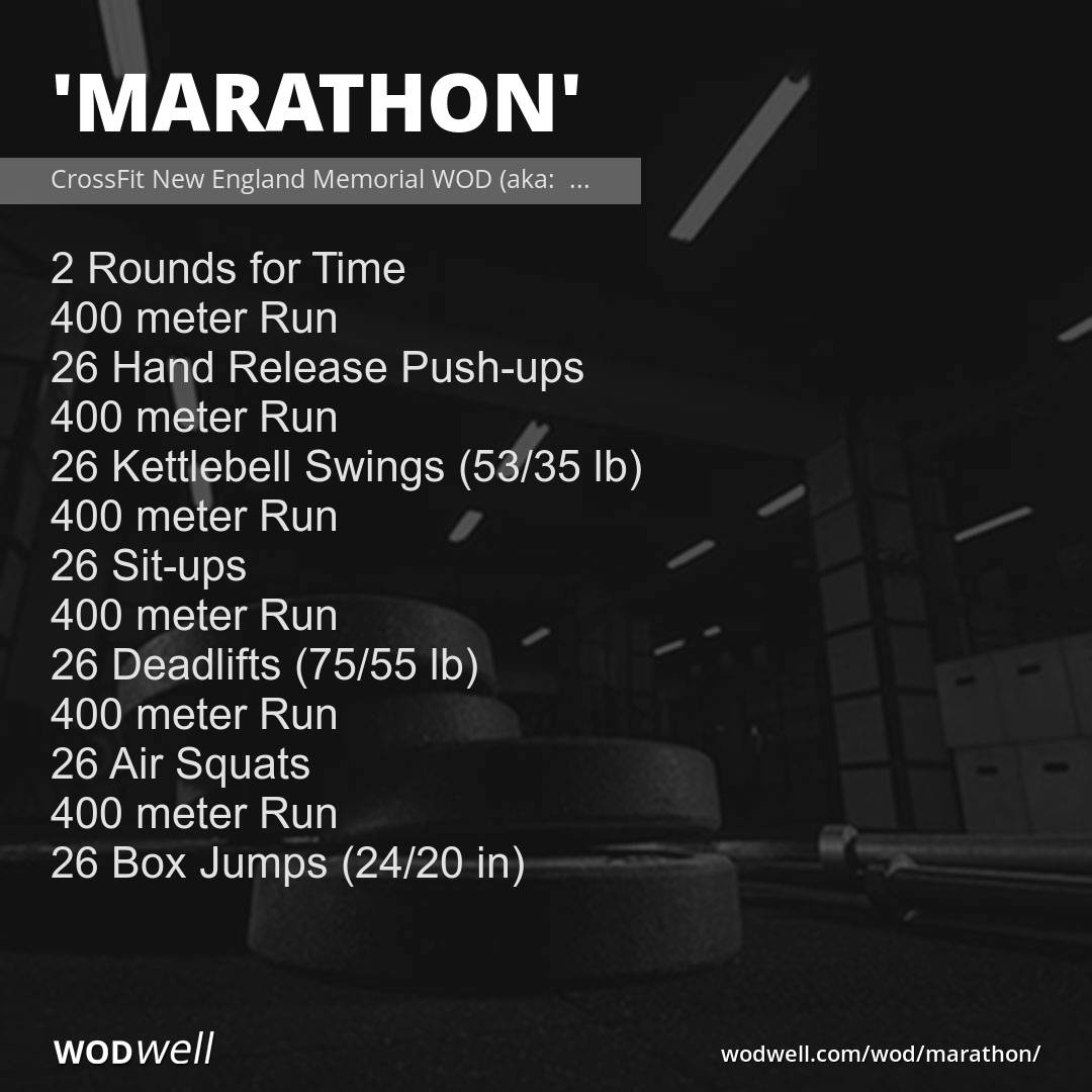 wodwell's tweet image. With 3 miles of running on top of the other movements, allow up to 45 minutes for the workout.

Scaling options: Cut the workout to one round -or- complete as many rounds and repetitions as possible in 35 minutes.

wodwell.com/wod/marathon/

#cfne #bostonmarathon #memorialwod