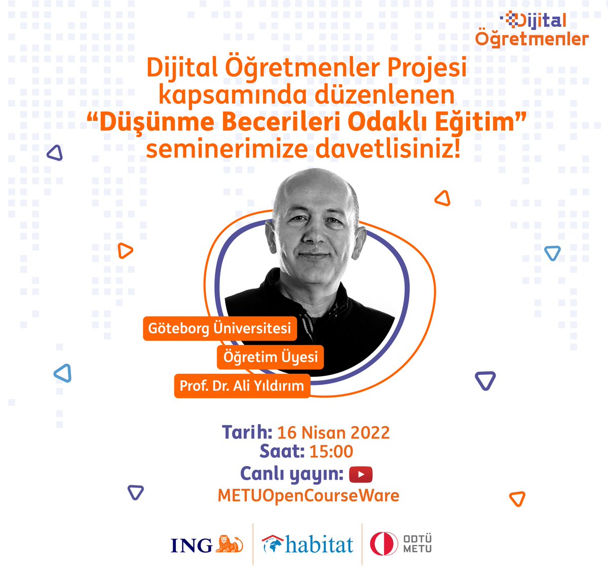 cagiltay's tweet photo. 16 Nisan Cumartesi günü, Prof.Dr. Ali Yıldırım tarafından verilecek  "Düşünme becerileri
odaklı eğitim" seminerini saat 15:00'den itibaren aşağıdaki adresten izleyebilirsiniz: https://t.co/cRIFZAnWfq https://t.co/FNlBS4IvzY