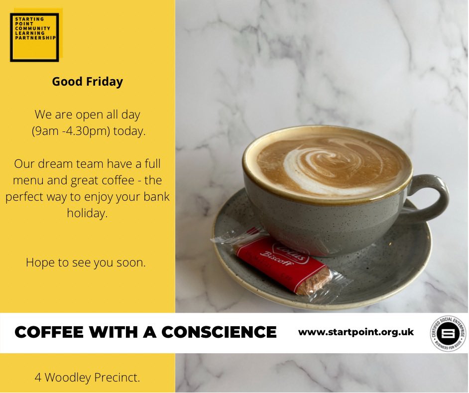startpointsk6's tweet photo. Good morning #GoodFriday we are open today from 9am. Good food, great coffee and friendly chat. It’s the perfect way to start your bank holiday. #stockport #socent #shoplocal #coffeewithaconscience https://t.co/UjyZLOabZD