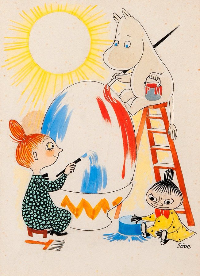 Tove Jansson (Finnish, 1914–2001), Moomin and the Mymble paint an #Easter egg #WomensArt