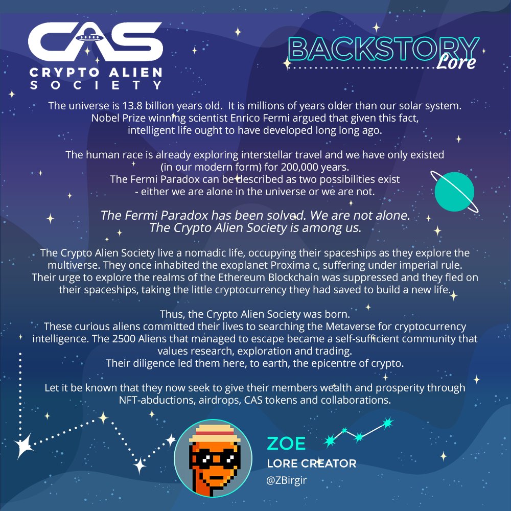 Always a pleasure to be a part of <a href="/AlienzNFT/">Crypto Alien Society</a> . Been a long time coming...now its time for the aliens to be FREE and explore the metaverse!👽 Great alpha, cool art and a genuine team that communicates + does everything for their community. Check out the backstory written by me!🚀