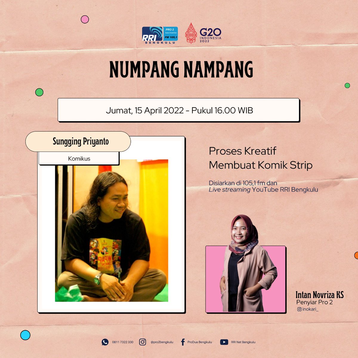 Nanti sore banget nih! 

Yuk kenalan sama yang langganan menang lomba komik strip, desain poster, hingga mural, Kak @sunggingpriyanto 🥳

Sahabat Kreatif, join juga di youtube channel RRI Net Bengkulu yaa. 

#NumpangNampang #TempatNampangGenerasiKreatif