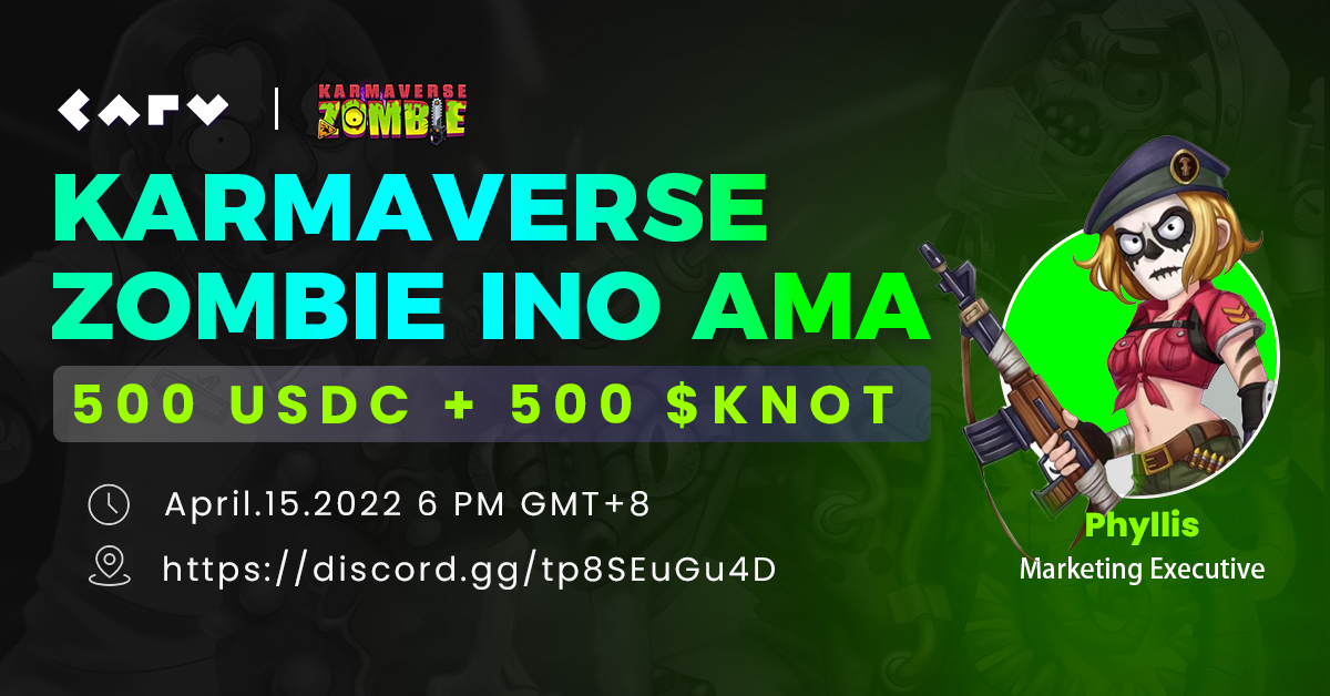 carv_official's tweet photo. 🧟‍♀️Wanna know what's @Karmaverse_io Zombie?
🧟‍♂️Wanna know how to get in the #gamefi?
🧟Wanna know the future plan for #Karmaverse?

Join Karmaverse Zombie x Carv #AMA!

⏰ April 15th 6 PM GMT+8
📌 https://t.co/jgsDa0nqV3
🎁 $500 USDC &amp; 500 $KNOT #Giveaway https://t.co/kKayUKyuzt