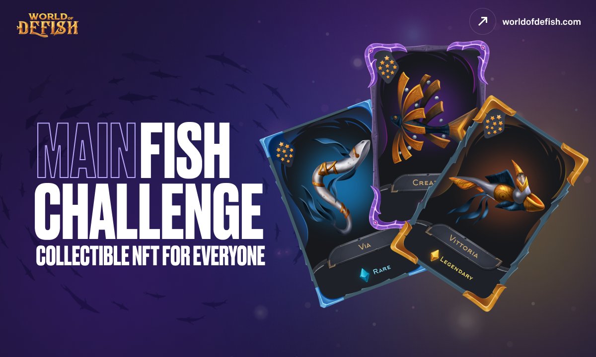 WorldOfDefish's tweet photo. Did someone say "Where is game launch event"? 🧐
 
In regard to the Mainnet Launch, World of Defish announces #MainFishChallenge with a guaranteed prize for everyone! 🤩

🚀 Learn how to get unique Collection of 6 NFT Fishes and $WOD merch - https://t.co/mYXECDEOYj https://t.co/fhO7wqdMU1