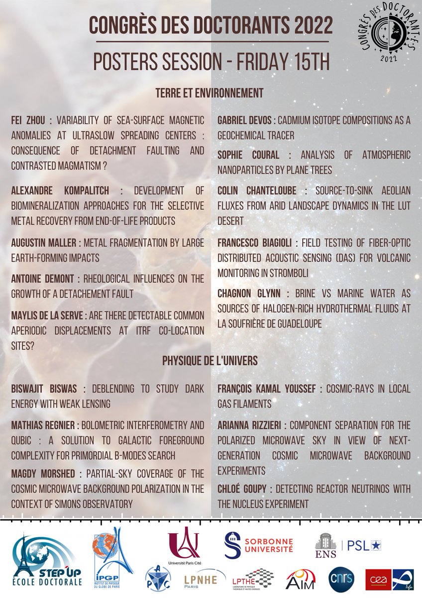 The program of today's poster session
+ Haoxuan Sun, "Metal-silicate silicon isotopic fractionation" and Valentin Nourry, "Spacetime instabilities in semi-classical gravity using holography"