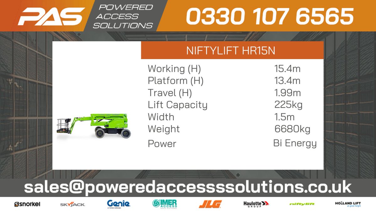🟠🟠The new Niftylift HR15N will lift 2 men and their tools to a working height of 15.4m or a working outreach of 9.6m. 🟠🟠

View &amp; Download product spec - poweredaccesssolutions.co.uk/boom-hire/nift…

#Poweredaccess