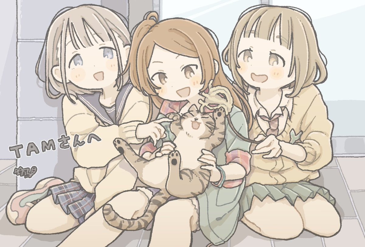 serizawa asahi 3girls multiple girls school uniform holding animal cat brown hair skirt  illustration images