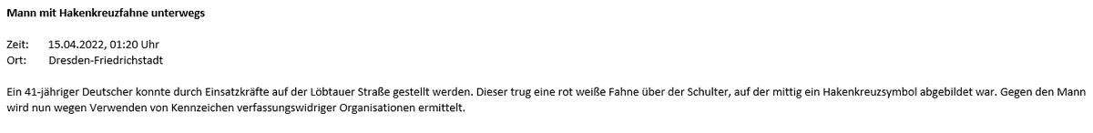 RPFDMOPO's tweet photo. Die #Polizei stoppte in #Dresden einen Mann, der mit einer Hakenkreuz-Fahne über der Schulter durch die Friedrichstadt spazierte. https://t.co/SBwT4yqTl3