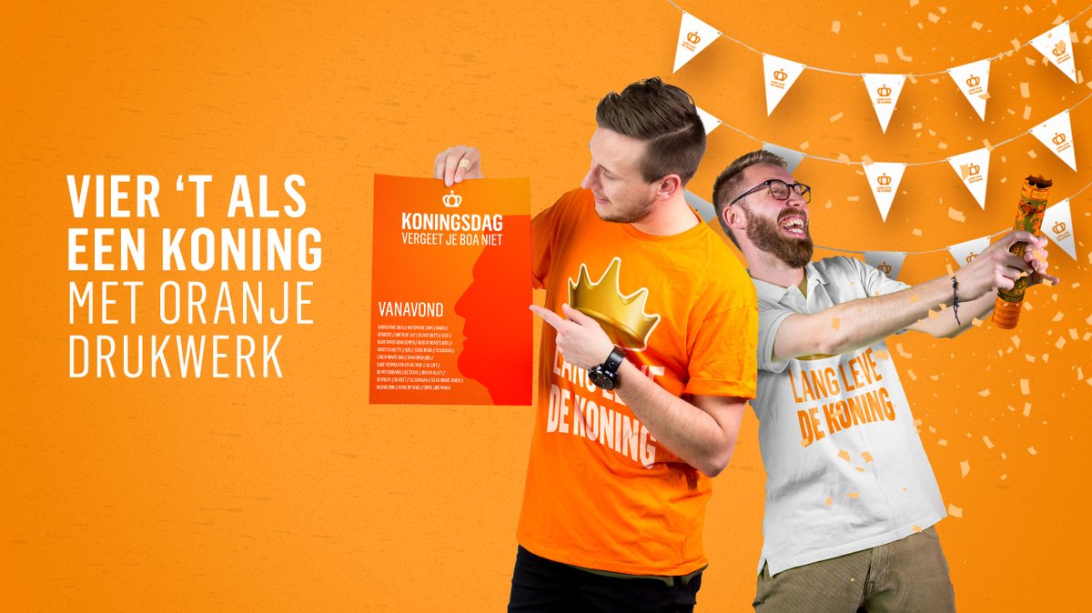Koningsdag komt eraan! 🧡 Wij helpen je om van deze dag één groot feest te maken. Hoe wij dat doen? Door het allerbeste drukwerk te leveren in, natuurlijk, oranje. Uiteraard bedrukt met jouw eigen ontwerp! Bekijk al ons Koningsdag drukwerk via bit.ly/3M5Mfez