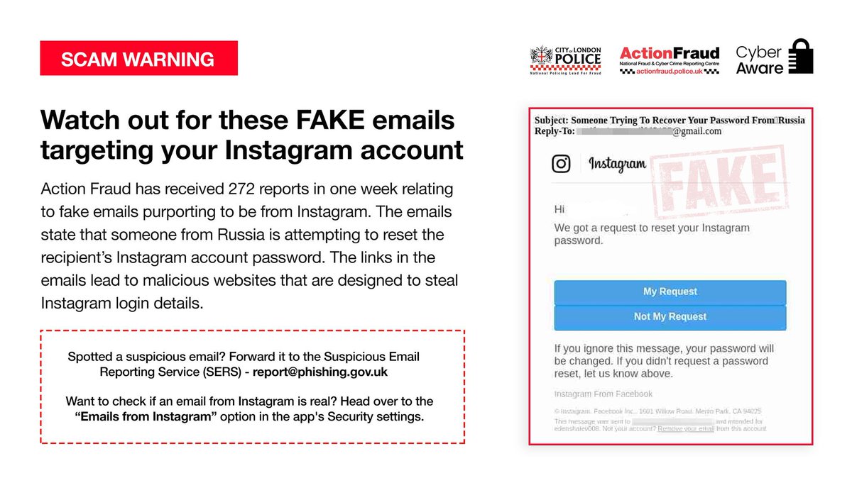 ⚠️ Watch out for FAKE emails targeting Instagram accounts - The emails claim that someone is trying to "recover your password from Russia"

❌ Don't click on the links in the email.
✅ Report suspicious emails by forwarding to: report@phishing.gov.uk

#CyberProtect #PhishyFridays