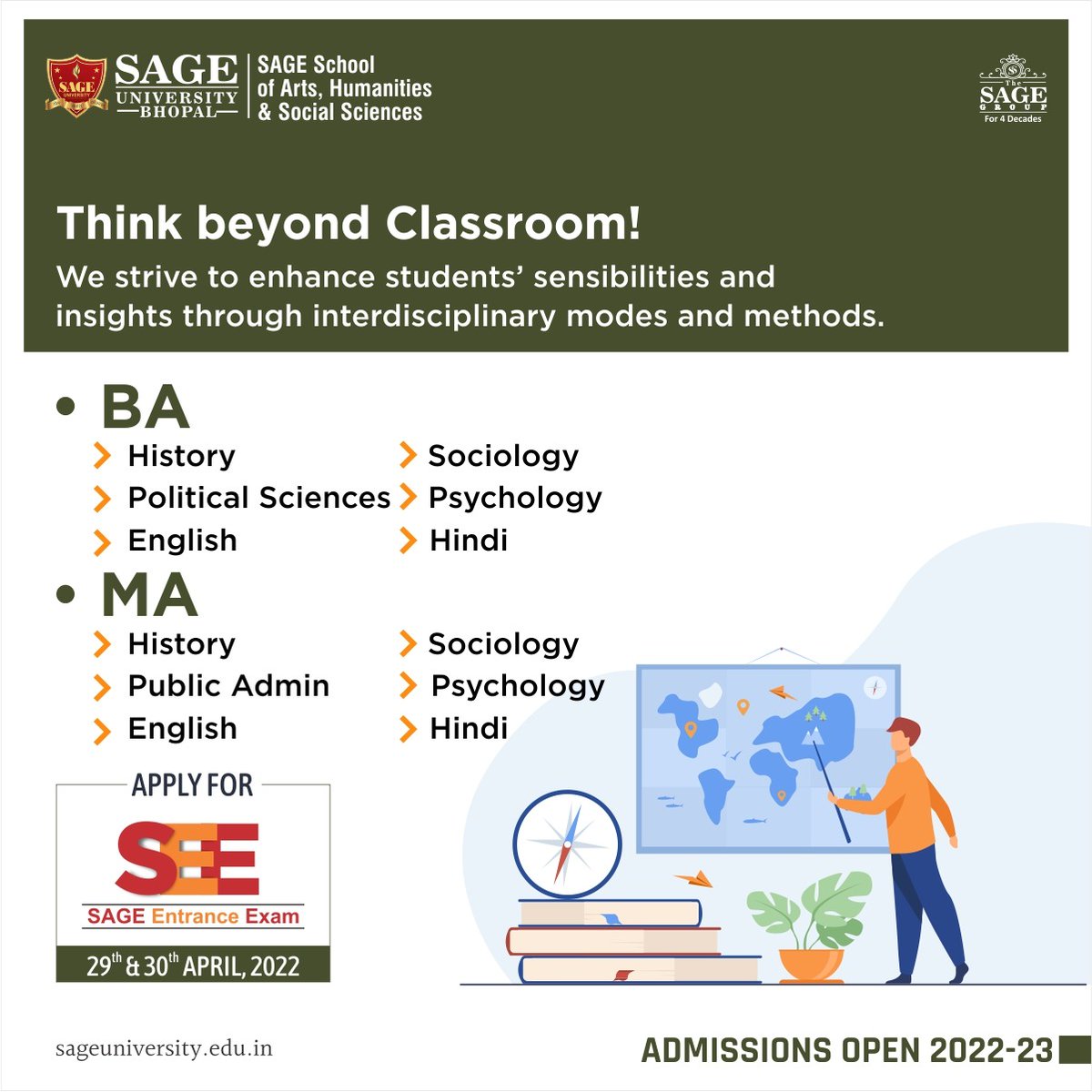 SageUniBhopal's tweet photo. Admissions are now open for BA & MA programmes at SAGE University.
Register now for the SAGE Entrance Exam on 29th & 30th April, 22.
🌐 : https://t.co/yuoZhXDT1l
__
#SAGEUniversityBhopal #SAGEBhopal #SUB #SAGEGroup #AdmissionsOpen #SEE #History #PolSc #Sociology #Pshycology https://t.co/LWDeEPzsbG