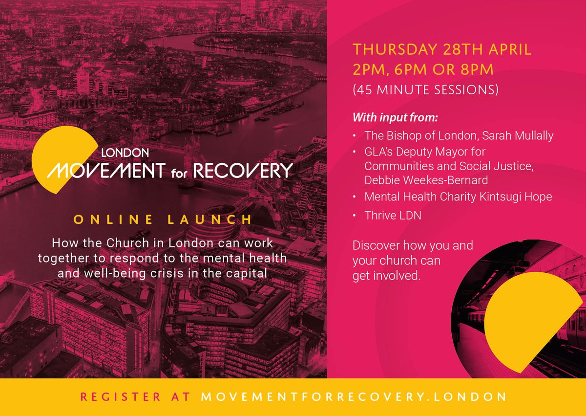 LdnMission's tweet image. Working with @ThriveLDN &amp;amp; @KintsugiHope Movement for Recovery London looks to mobilise hundreds of churches &amp;amp; 1000s of ordinary Christians to make an impact on the mental health &amp;amp; well-being of the capital.

Join us 28 April to see how you can get involved movementforrecovery.london