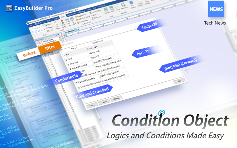 weintekfans's tweet image. Condition Object provides a graphical user interface for constructing condition statements. It may be used in place of macro codes that deal with logical operations, and with less codes to write.
Read more:
- bit.ly/3rr5reM
#Weintek #EasyBuilderPro #HMI #automation