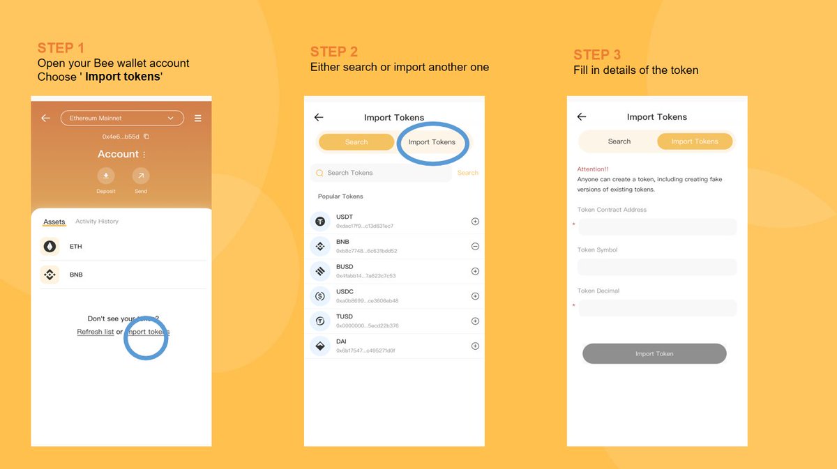 Feel free to import tokens for your Bee wallet account👇 Get your wallet  here >>https://t.co/ZmIT1nbiIY #BeeNetwork #Blockchain #Crypto  #cryptocurreny #wallet