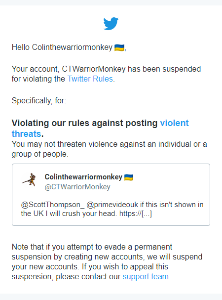 ATwarriordonkey's tweet photo. Jokes are now verboten on Twitter, this show has a character who pretends to crush peoples head between his fingers - so Colin used one of twitter's gifs to make an obvious joke and has been banned please RT and help to #bringbackcolin @TwitterSupport #FreeSpeech https://t.co/EFzRNbIxfq