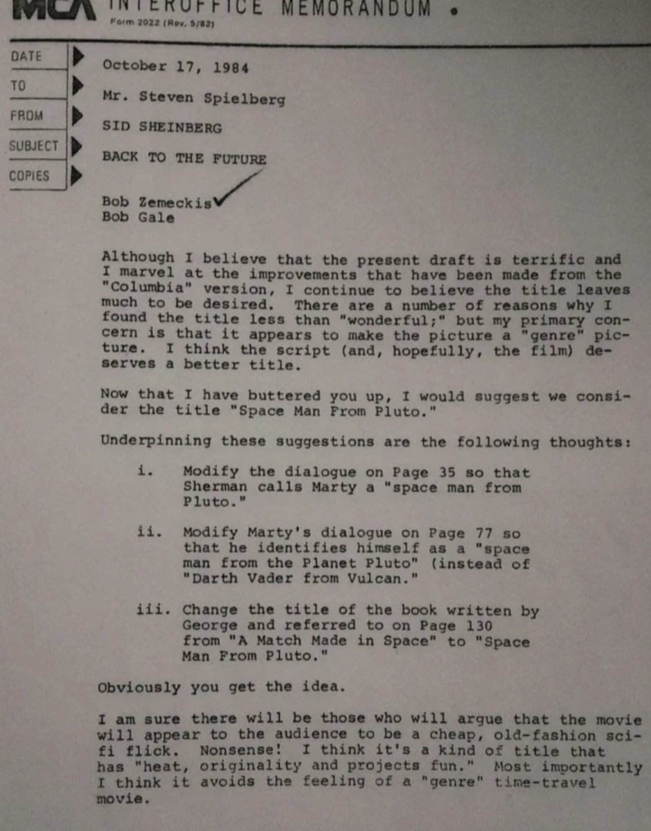 ATRightMovies's tweet photo. Universal studio head Sid Sheinberg was not sold on the title of BACK TO THE FUTURE when he read a draft of the script. He sent Steven Spielberg this memo with his very odd name change suggestion. https://t.co/tvjuEDOkLU