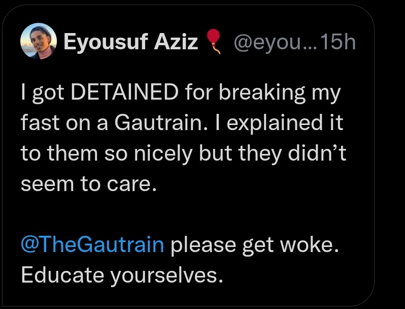 Kye Bowerman π― (@kyenedy) on Twitter photo <a href="/kirri_jay/">Kirriosity killed the cat</a> Gautrain has a no eating rule on it. This guy decided to break his fast on the train and they kicked him off. So the man complained but everyone made him look like an idiot π like the trains arrive every 15 min. He could have planned it better. <a href="/kirri_jay/">Kirriosity killed the cat</a> Gautrain has a no eating rule on it. This guy decided to break his fast on the train and they kicked him off. So the man complained but everyone made him look like an idiot π like the trains arrive every 15 min. He could have planned it better.