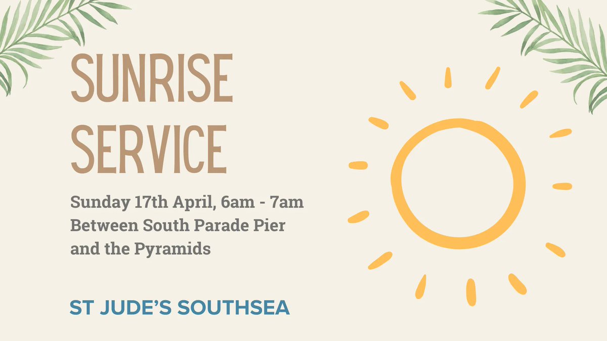 Fancy a Sunrise Service on Easter Day? 

Join us on the beach to see the sunrise at 6am-7am between South Parade Pier and the Pyramids as we celebrate the resurrection of our Lord and Saviour Jesus Christ! Hot cross buns will be served after the service.