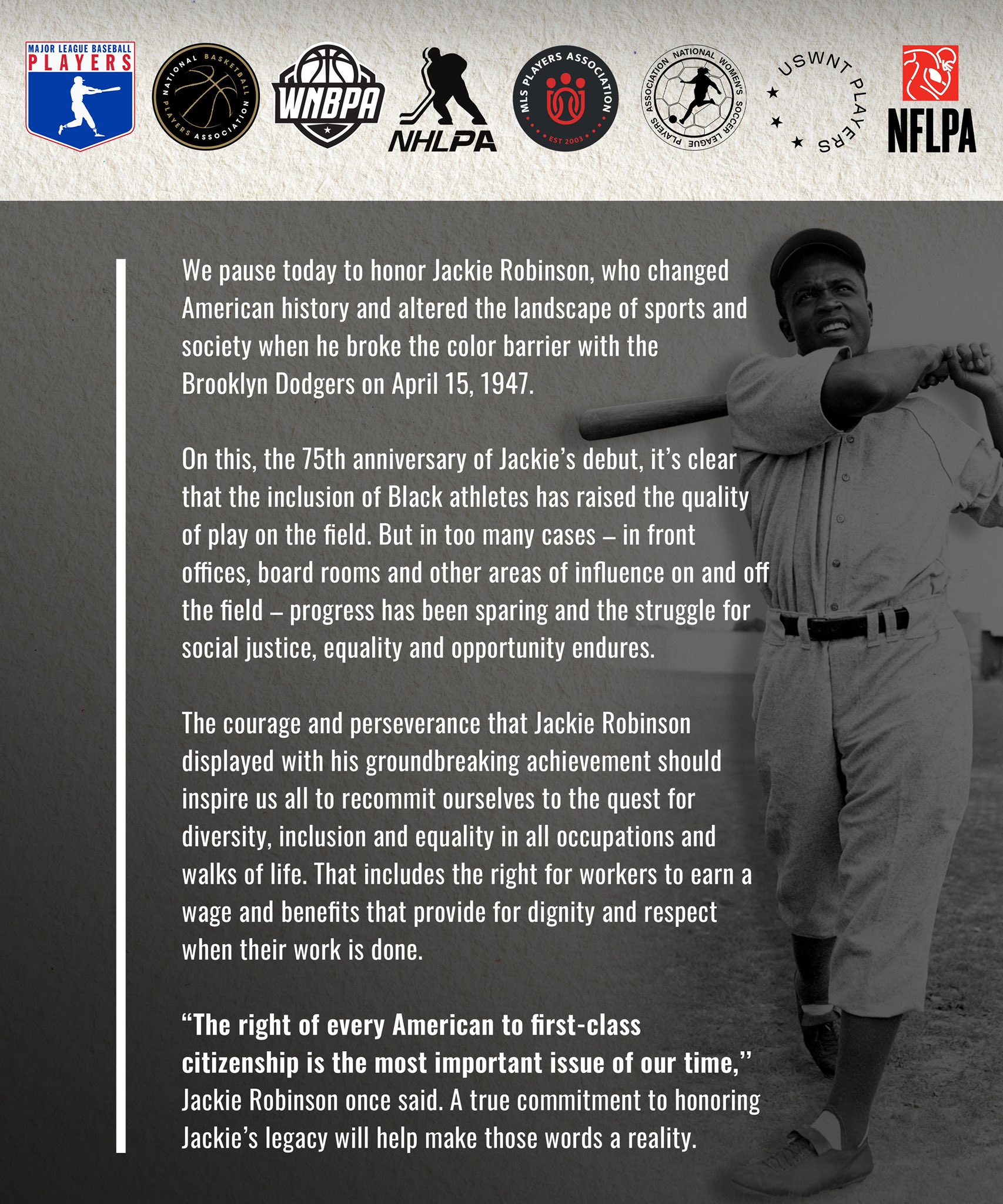 NWSLPA on Twitter: Players unions join today to honor Jackie Robinson,  multi-sport athlete, trailblazer & American icon. In the effort to  perpetuate Jackie's legacy and bring about real change, we recommit  ourselves