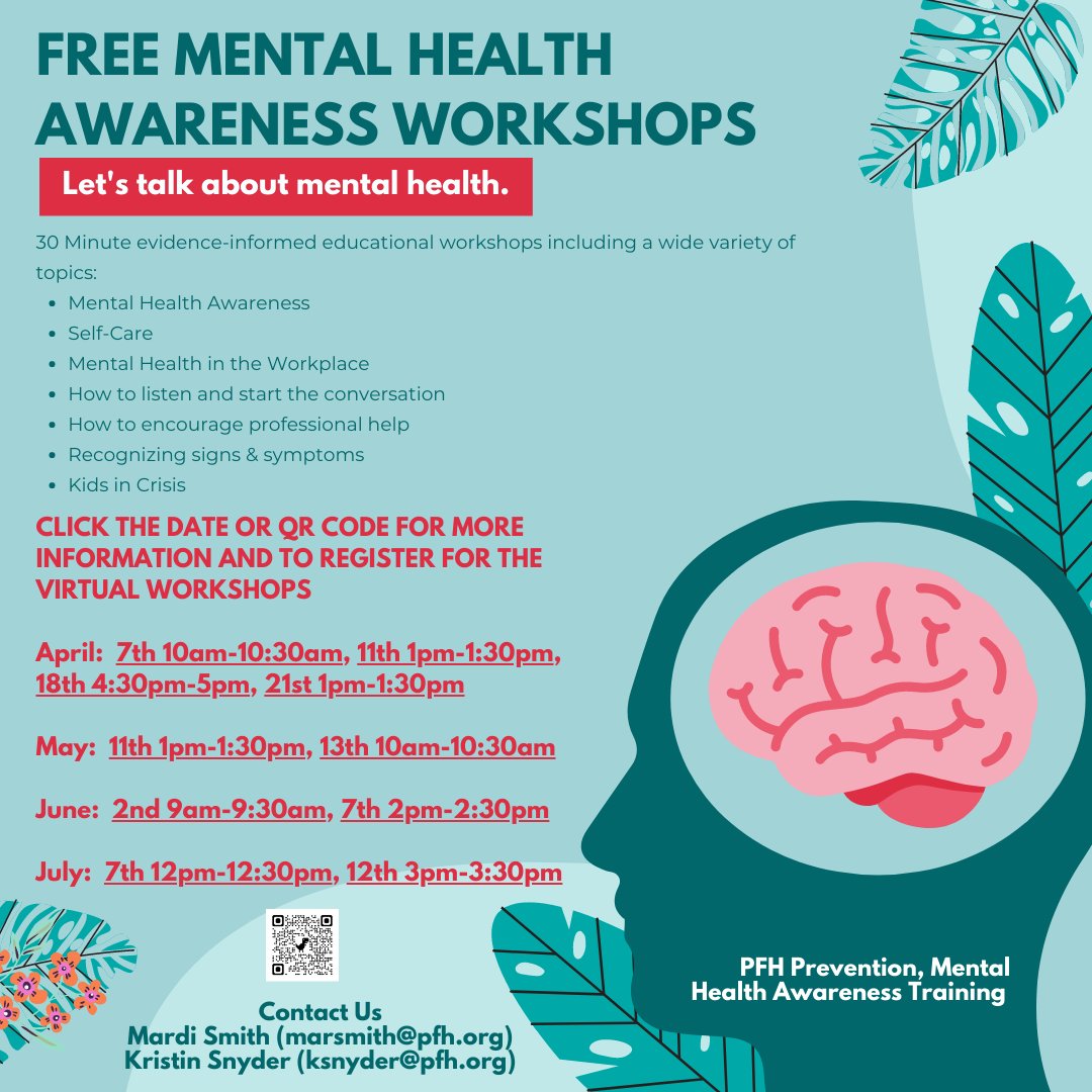 Let's talk about mental health. At our FREE mental health workshops, we can help to educate you on many important topics in the mental health field! 
Scan the QR code to sign up, or email us for more information!
#prevention #mentalhealth #awareness #community #learn