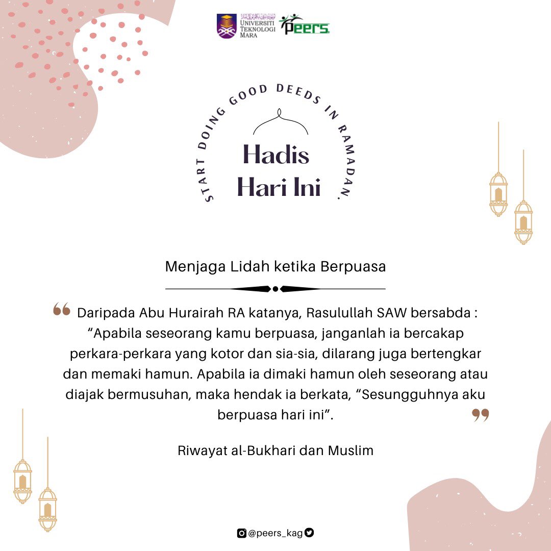 peers_kag's tweet photo. Orang yang berpuasa hendaklah sabar menerima dugaan daripada Allah SWT, sekiranya mereka dimaki hamun dan diajak berkelahi oleh seseorang maka hendaklah ia berkata “aku berpuasa”.

Sumber : Kitab Riyadhus Salihin

#RamadanMubarak https://t.co/sCRfHNwpM3