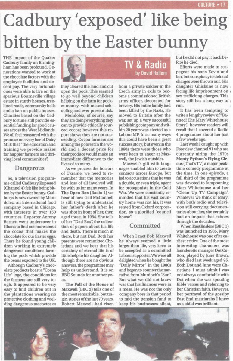 DJAHallam's tweet image. Cadbury "exposed"​ is like being bitten by the Easter bunny and Robert Maxwell. My TV review @MethRec  linkedin.com/feed/update/ur…