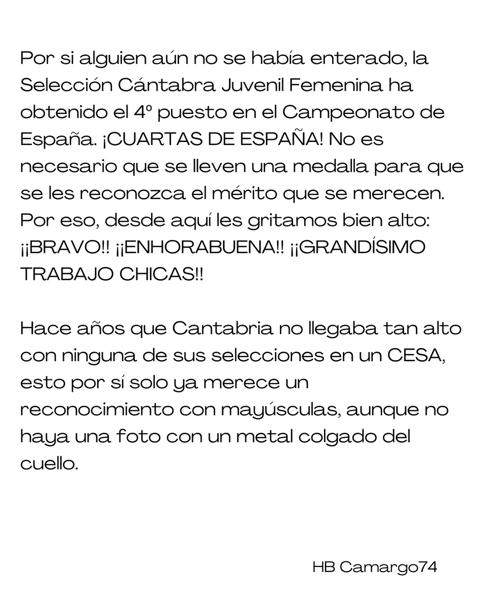 hbcamargo74's tweet photo. Por si alguien aún no se había enterado, la Selección Cántabra Juvenil Femenina ha obtenido el 4º puesto en el Campeonato de España. ¡CUARTAS DE ESPAÑA! 👏

.
.
📸: https://t.co/nI5V6XjCor https://t.co/BG56VqAm8E