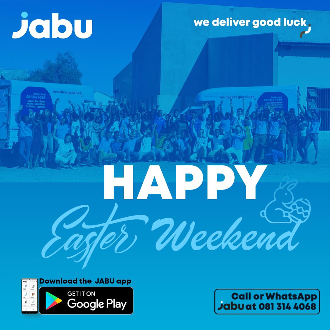 JabuLogistics's tweet photo. The JABU team wishes you a safe and fun-filled Easter weekend🐣💙
#JABU #WeDeliverGoodLuck #HappyEaster https://t.co/QXkkF5MuqW