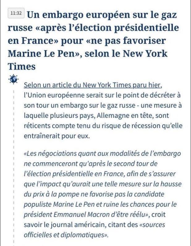 MLP_officiel's tweet image. Selon le @nytimes, "les négociations sur l’embargo de pétrole russe commenceront après le second tour de l’élection présidentielle, afin que la hausse des prix ne pénalise pas Emmanuel Macron."

Quelle manipulation contre les Français ! Quel cynisme envers le peuple ukrainien !