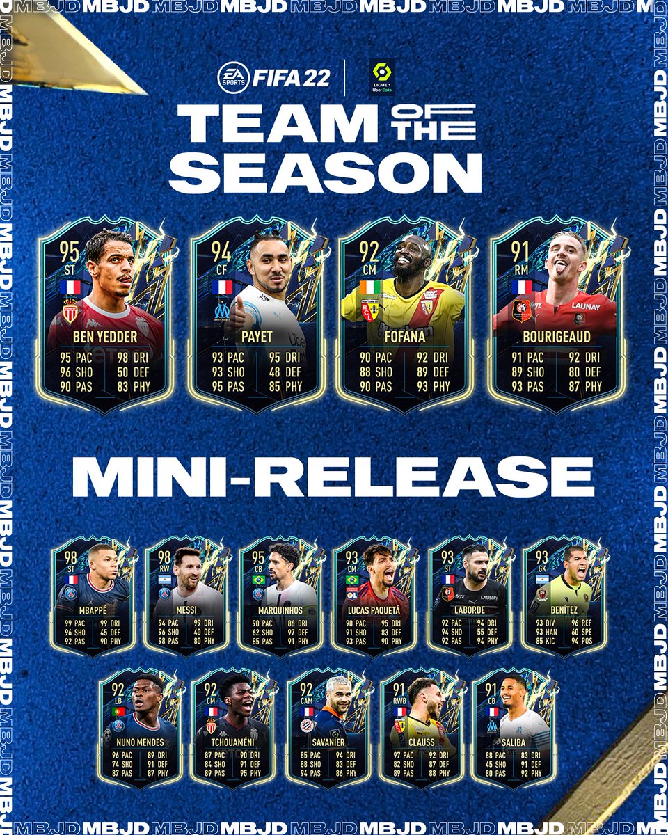 MBJDesigns's tweet photo. #FIFA22 Ligue 1 Team Of The Season Prediction ⚡️

FT. 98 Mbappé 🇫🇷 98 Messi 🇦🇷 95 Marquinhos 🇧🇷

Wich players would you like to see the most? 🤔

#FUT22 #TOTS #MBJDesigns https://t.co/REkmEQ9F8B