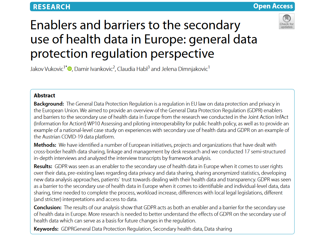 🔖Very interesting paper for today's PHIRI #FridayReads: 
"Enablers and barriers to the secondary use of #healthdata in Europe: general data protection regulation #GDPR perspective."
👉archpublichealth.biomedcentral.com/articles/10.11…