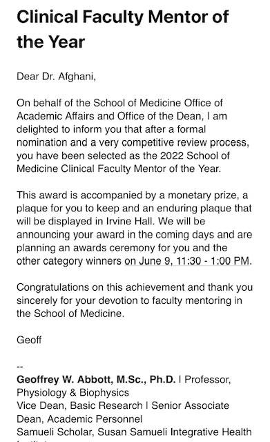 BAfghaniMD's tweet photo. I am deeply honored to be nominated by my peers and receive the prestigious Clinical Faculty Mentorship Award from UC Irvine School of Medicine. Nothing is more fulfilling for me to see my mentees overcome challenges and continue progress towards their goals! https://t.co/BVoxDwoc8n
