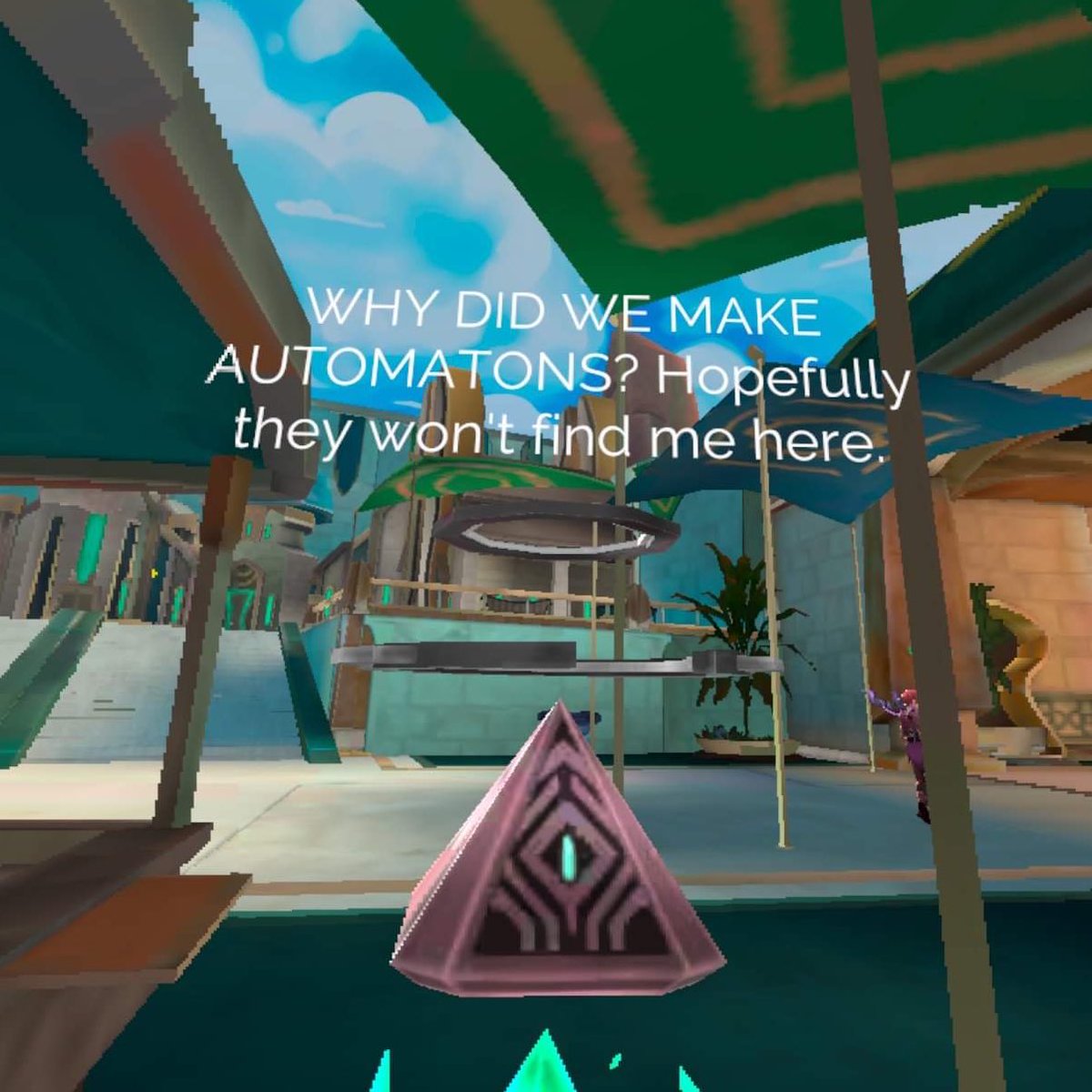 cosmicpudding's tweet photo. Getting a little bit of @sauronschedules vibes upon arriving at the latest @ZenithMMO world, but I think they got it wrong - automatons are friends, right?! 👁 📡 #VR https://t.co/MRTXasLkKs
