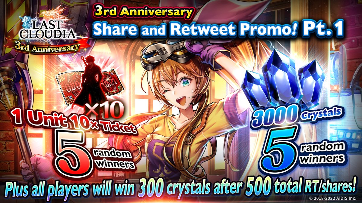 🔥3rd Anniversary Promo Pt. 1🔥

Retweet this post and join #LastCloudia's celebration! You will have a chance to be one of the lucky winners who gets 3000 crystals or a 1 unit 10x ticket!

All players will also get 300 crystals when a total of 500 total RTs/shares are reached!💎
