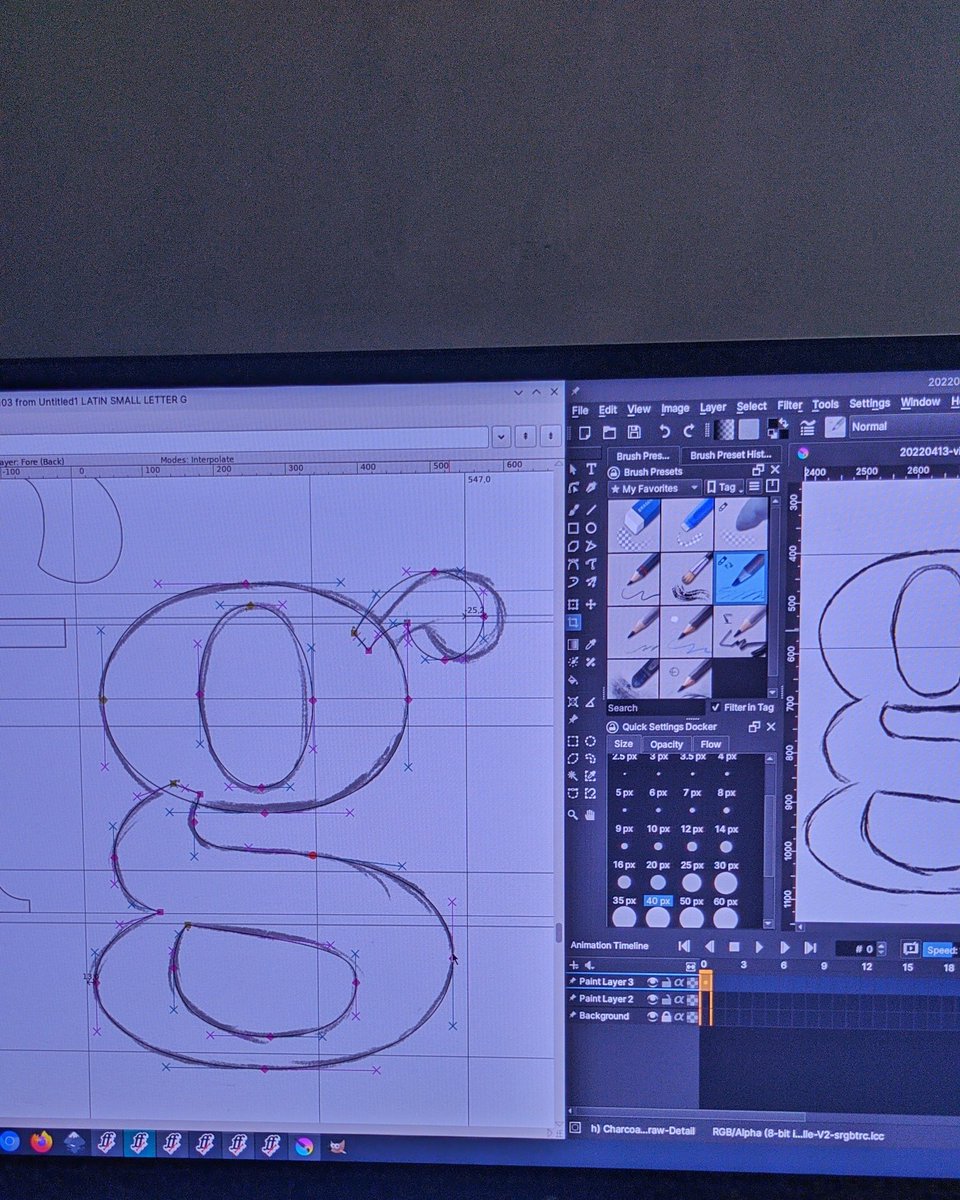 Working a new typeface.
Just using <a href="/FontForge/">FontForge</a> directly for vectorizing, and sketches with @Krita_Painting.

#typedesign #typeface #fontforge #krita #designwithfontforge #typefacedesign #linux #opensource #floss