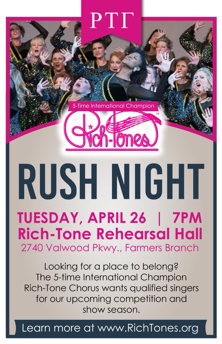 We are having another Rush night!  Come join us!
Rich-Tone Chorus Rush Night.    The Rich-Tone Chorus – 5-time international champions in the global Sweet Adelines organization – is seeking new voices for our show and competition season!  Please RSVP here:
form.jotform.com/220304494228047