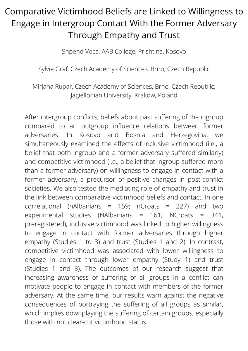 [Research Spotlight] Today we present the paper of <a href="/ShpendVoca/">Shpend Voca</a>, <a href="/SylvieGraf_Psy/">Sylvie Graf</a> &amp; <a href="/mirjanarupar87/">Mirjana Rupar</a> titled 'Comparative Victimhood Beliefs are Linked to Willingness to Engage in Intergroup Contact With the Former Adversary Through Empathy and Trust' to be presented in the next ISPP