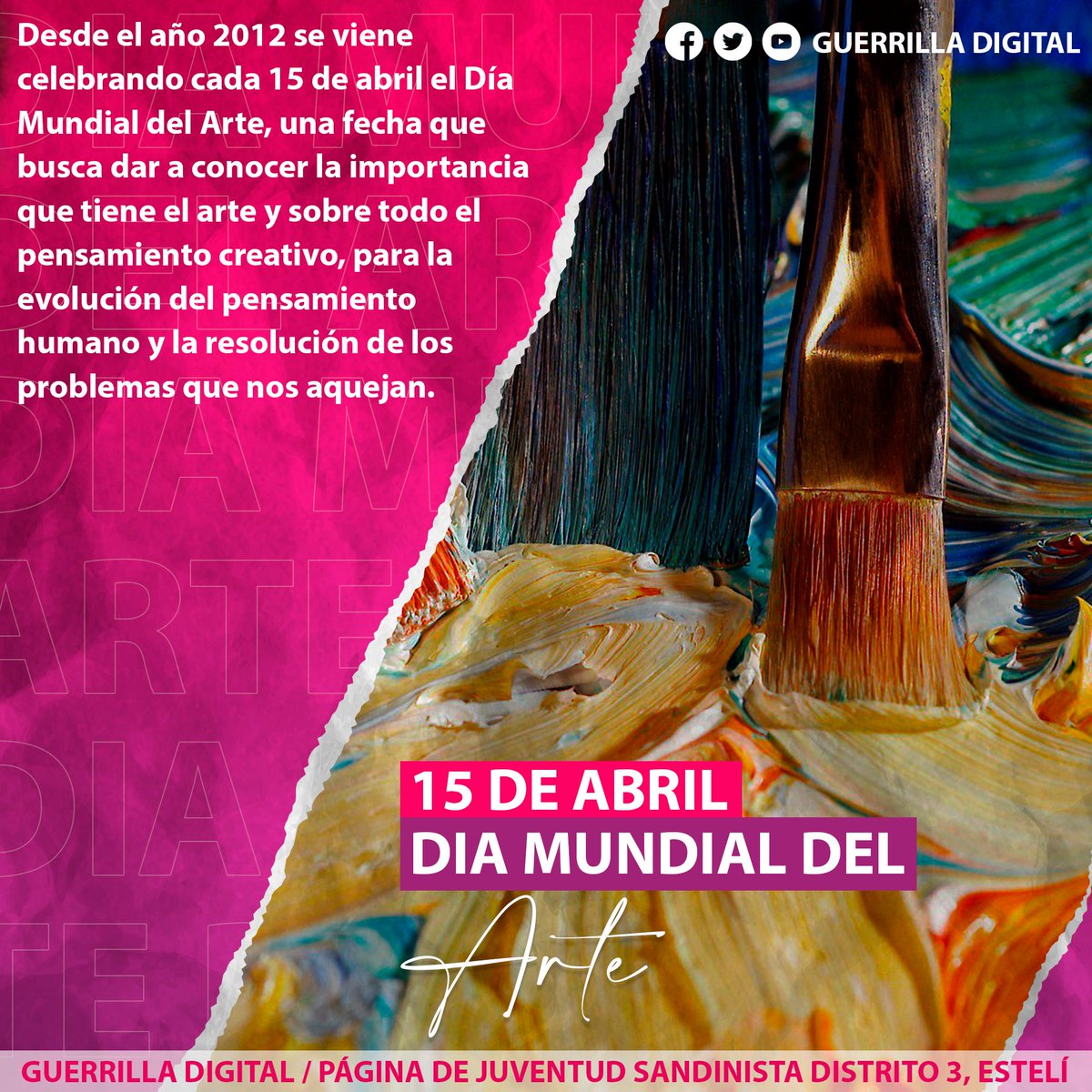 #Efemerides | El Día Mundial del Arte es una celebración internacional de las artes, la cual fue declarada por la Asociación Internacional del Arte con el fin de promover conciencia de la actividad creativa en todo el mundo. 🎤🤹🎷🎨🎭 #Nicaragua #JSEsteliD3