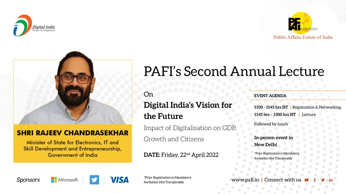 Public Affairs Forum of India (@pafiindia) on Twitter photo PAFIIndia is proud to host the Second Annual Lecture on 22 April 2022 by Honāble Shri Rajeev Chandrasekhar <a href="/Rajeev_GoI/">Rajeev Chandrasekhar (Parody)</a>. Topic: Digital Indiaās Vision for the Future ā Impact of Digitalisation on GDP, Growth and Citizens.
Register to receive your invite -pafi.in/registration2/ PAFIIndia is proud to host the Second Annual Lecture on 22 April 2022 by Honāble Shri Rajeev Chandrasekhar <a href="/Rajeev_GoI/">Rajeev Chandrasekhar (Parody)</a>. Topic: Digital Indiaās Vision for the Future ā Impact of Digitalisation on GDP, Growth and Citizens.
Register to receive your invite -pafi.in/registration2/