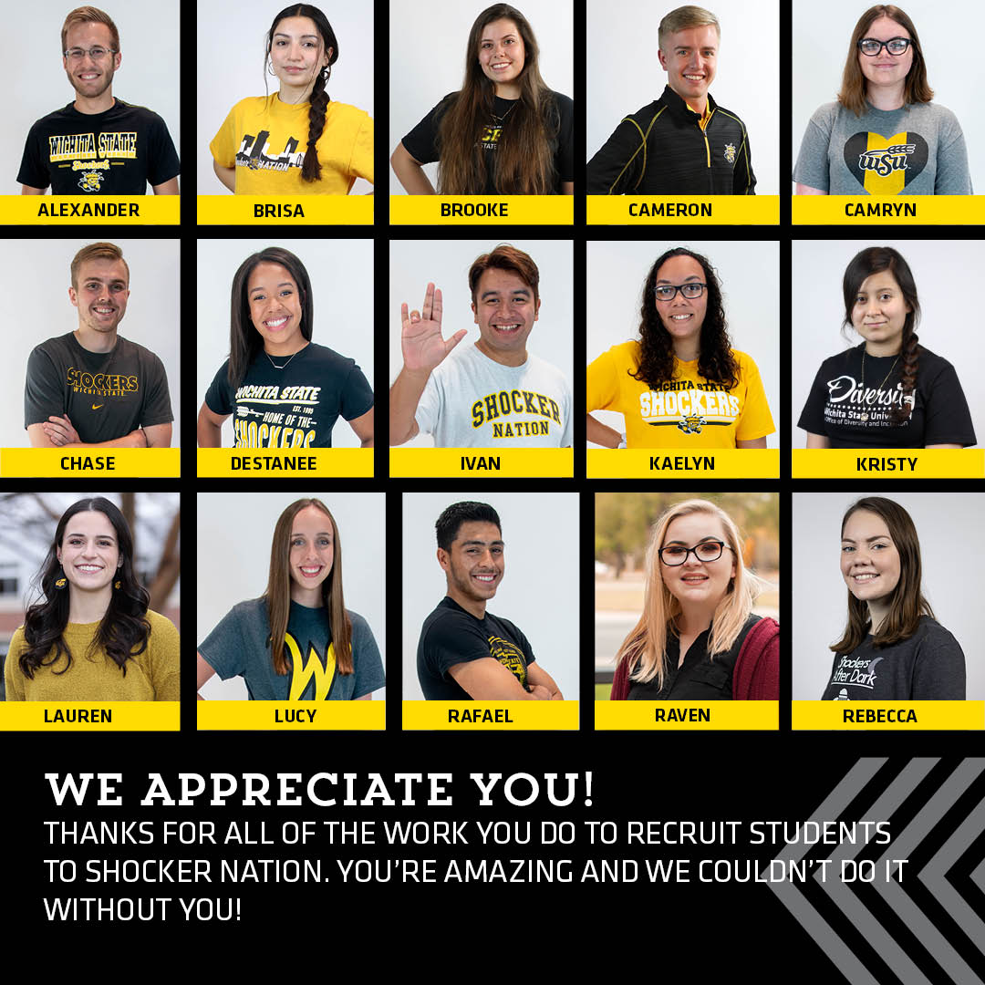 In celebration of #NationalStudentEmploymentWeek, shout out to all of our #Shockers⭐️ who help us connect w/ future students. They complete a range of roles for us with great energy & enthusiasm, plus help us keep current with trends, social media & college students' activities.