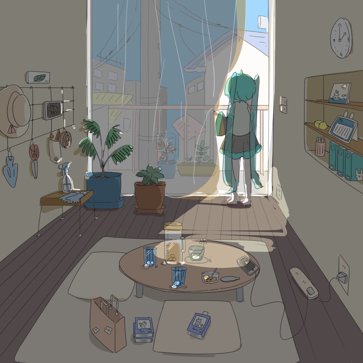 hatsune miku 1girl potted plant twintails skirt clock solo curtains  illustration images