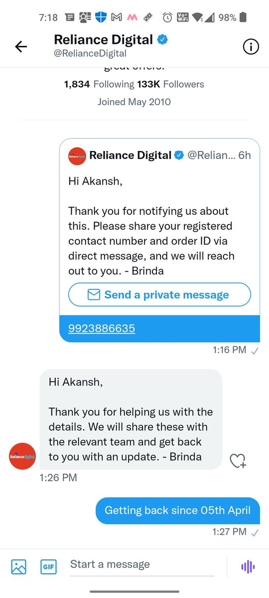 akansh007's tweet photo. @RelianceDigital thank you for not getting back yet again https://t.co/fai5TJggly